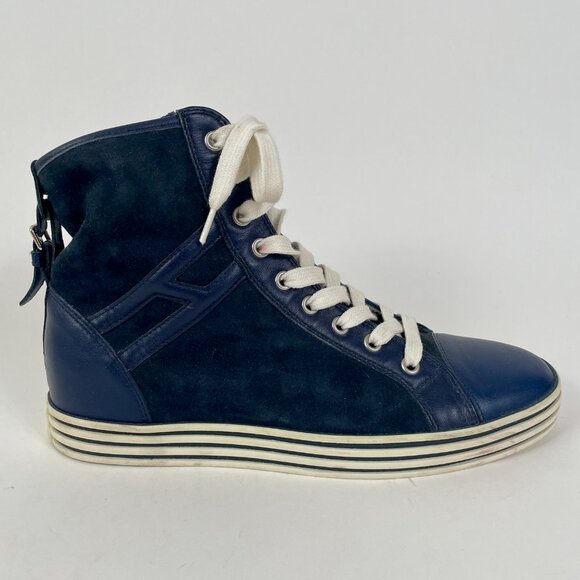Women's Hogan Rebel R182 High Top Sneakers, Navy Blue Leather/Suede, Size 39 - Picture 13 of 14